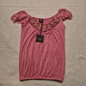 Bobeau women's XS Coral flutter sleeve embellished front neckline NWT